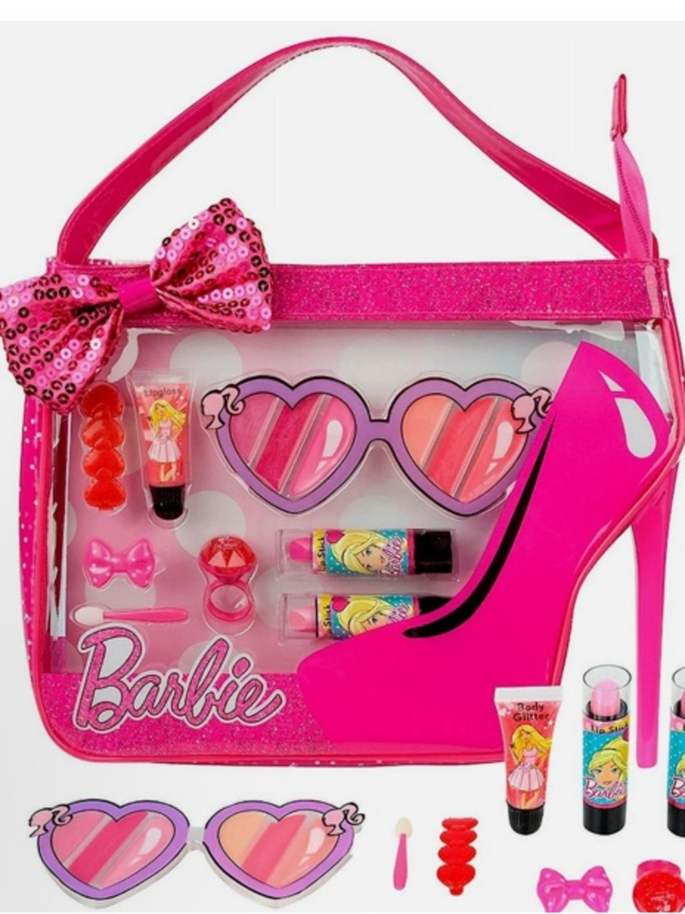Barbie Pink Sequin Bow Cosmetic Play Set with Heart Sunglasses